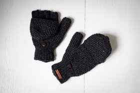 Rękawiczki wełniane z klapką Czarne - Feltiness